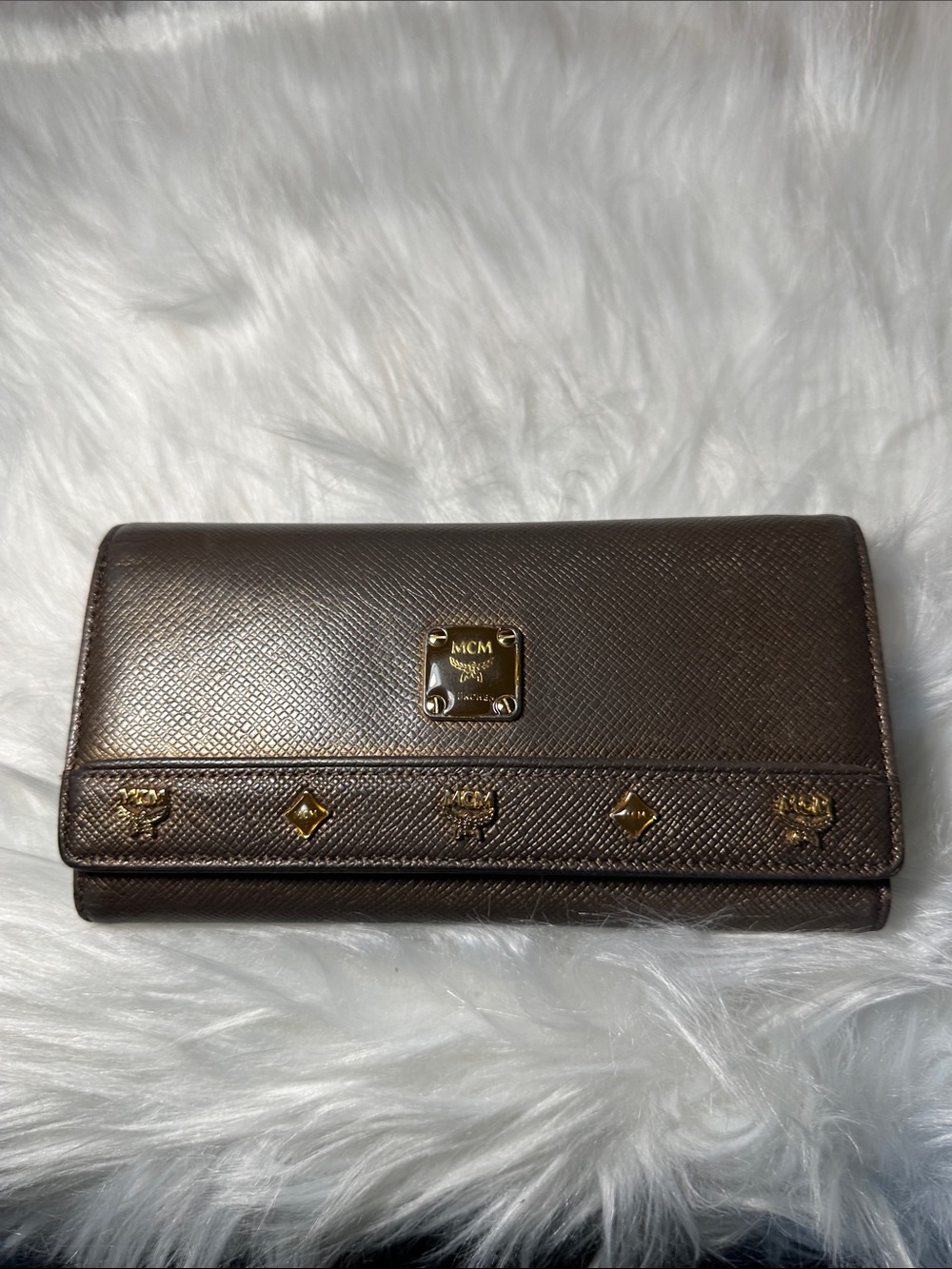 MCM Bronze Metallic Leather Continental Wallet with Gold Accents